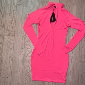 Hot pink slinky long sleeve zip up dress